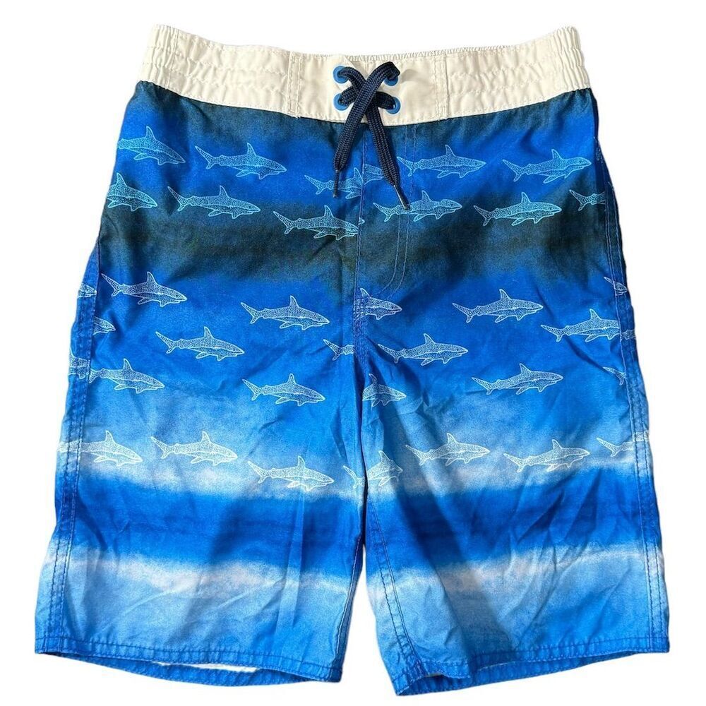 Old Navy Blue Shark Board Shorts Swim Trunks Mesh‎ Lining Boy’s L